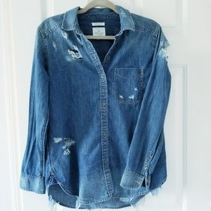 AE distressed denim button down